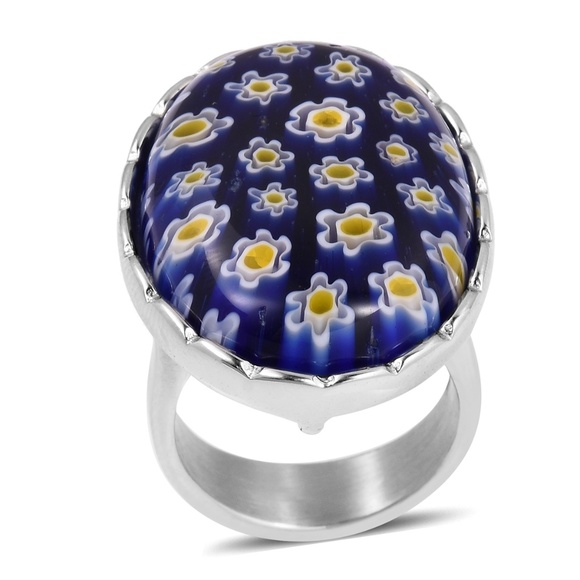 Jewelry - Blue Color Murano Millefiori Glass Stainless Ring
